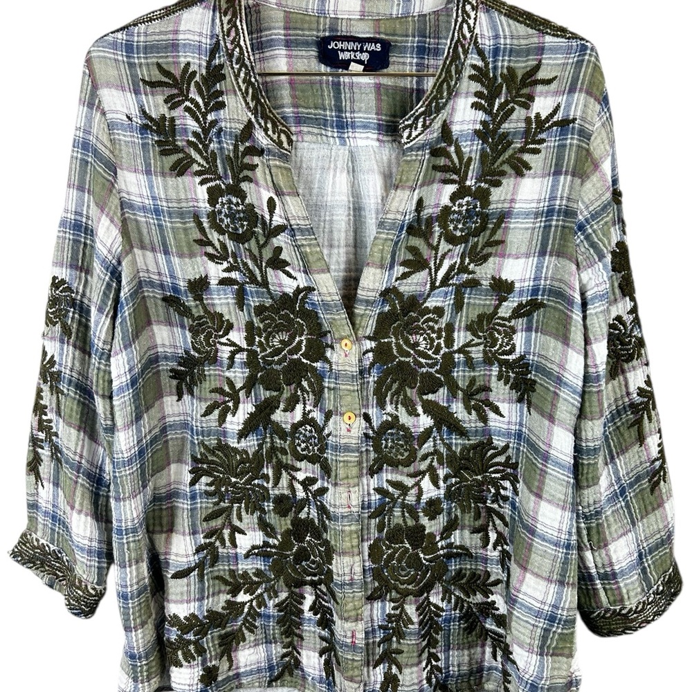 Johnny Was Plaid Button-Front Blouse with Olive Floral Embroidery